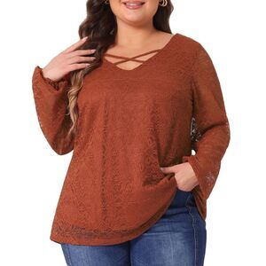 Plus Size Lace Sheer Long Sleeve Elastic Cuff Layer Cross Neck Top Brick Red